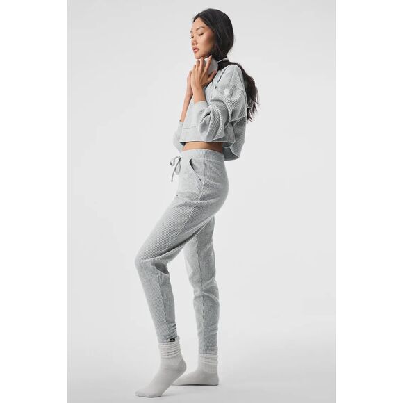 ALO Muse Ribbed Jogger SET Gray Cropped Top Bottom  Travel Athletic Size Small - Picture 1 of 12